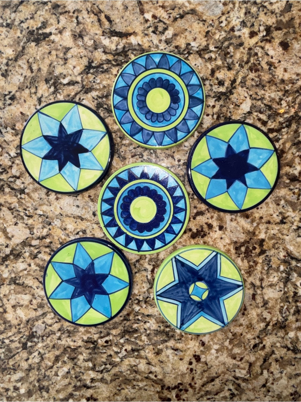 Pier One Ceramic Coasters Vibrant Blues Green Design Round Set of 6 Vintage